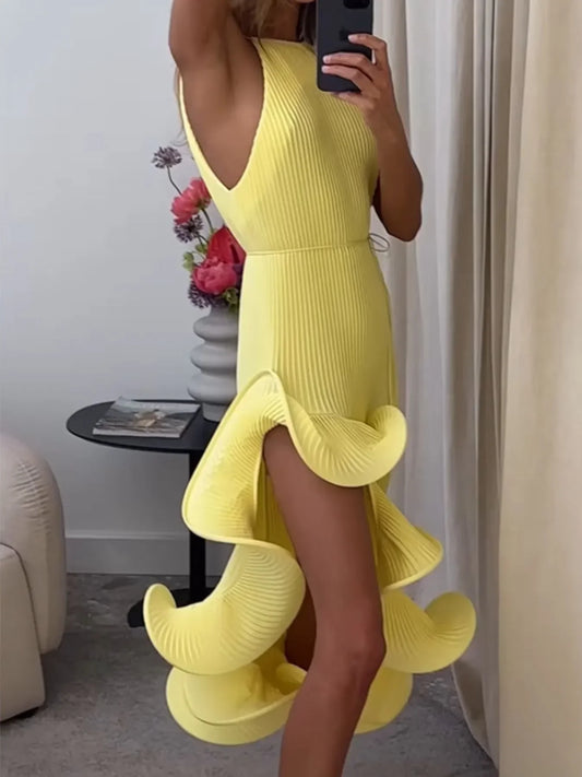 Ruffle Hem Ribbed Sleeveless Dress - Luna Di Velluto