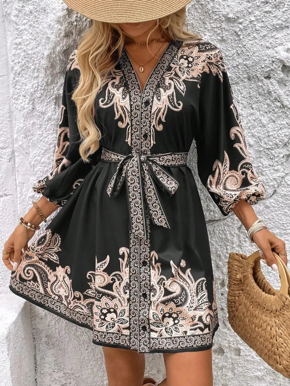 Paisley V-Neck 3/4 Sleeve Mini Dress - Luna Di Velluto