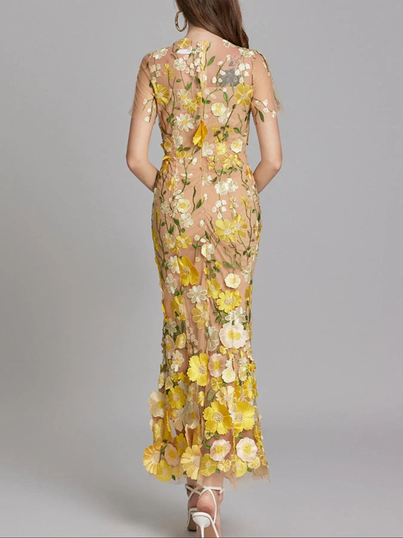 Floral Embroidered Mesh Overlay Maxi Dress - Luna Di Velluto