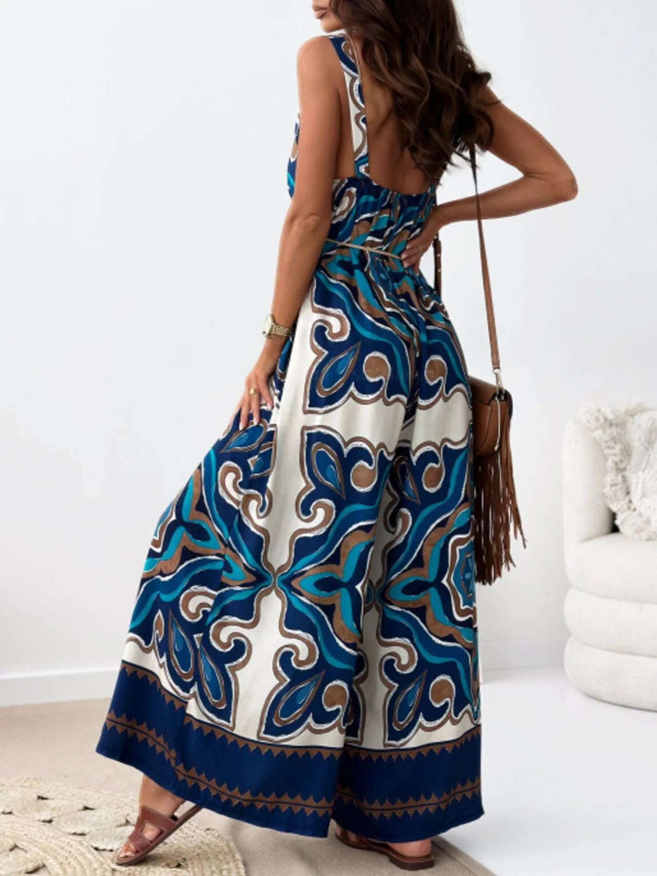 Paisley Print Spaghetti Strap Wide Leg Jumpsuit - Luna Di Velluto