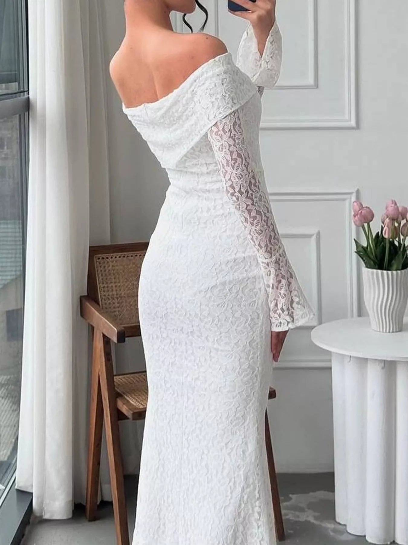 Off-Shoulder Lace Bodycon Maxi Dress - Luna Di Velluto