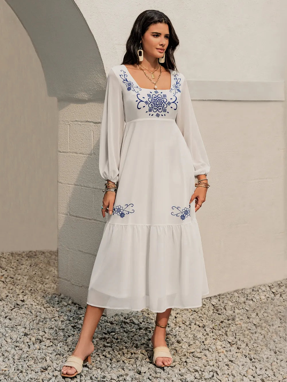 Printed Square Neck Balloon Sleeve Dress - Luna Di Velluto