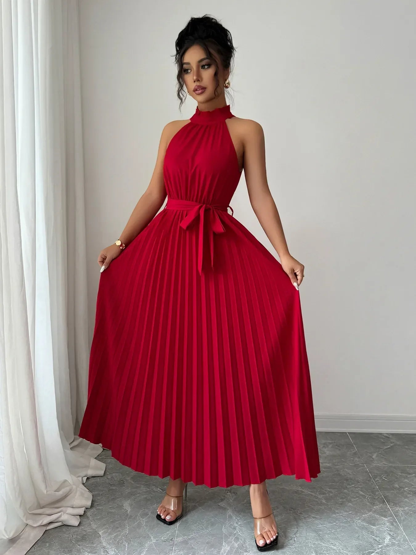 Pleated Halter Neck Tie Waist Maxi Dress - Luna Di Velluto