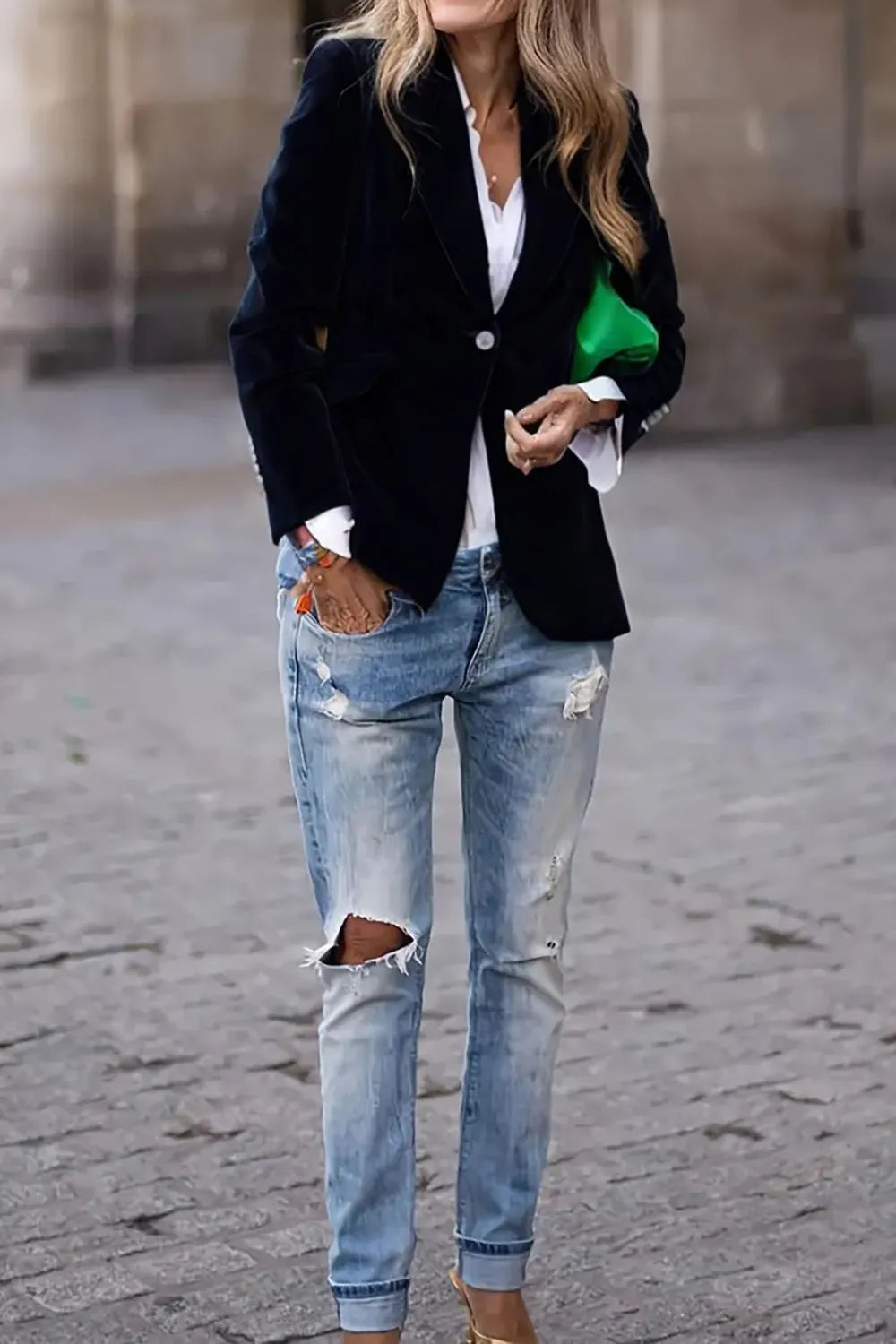 One Button Lapel Collar Long Sleeve Blazer - Luna Di Velluto