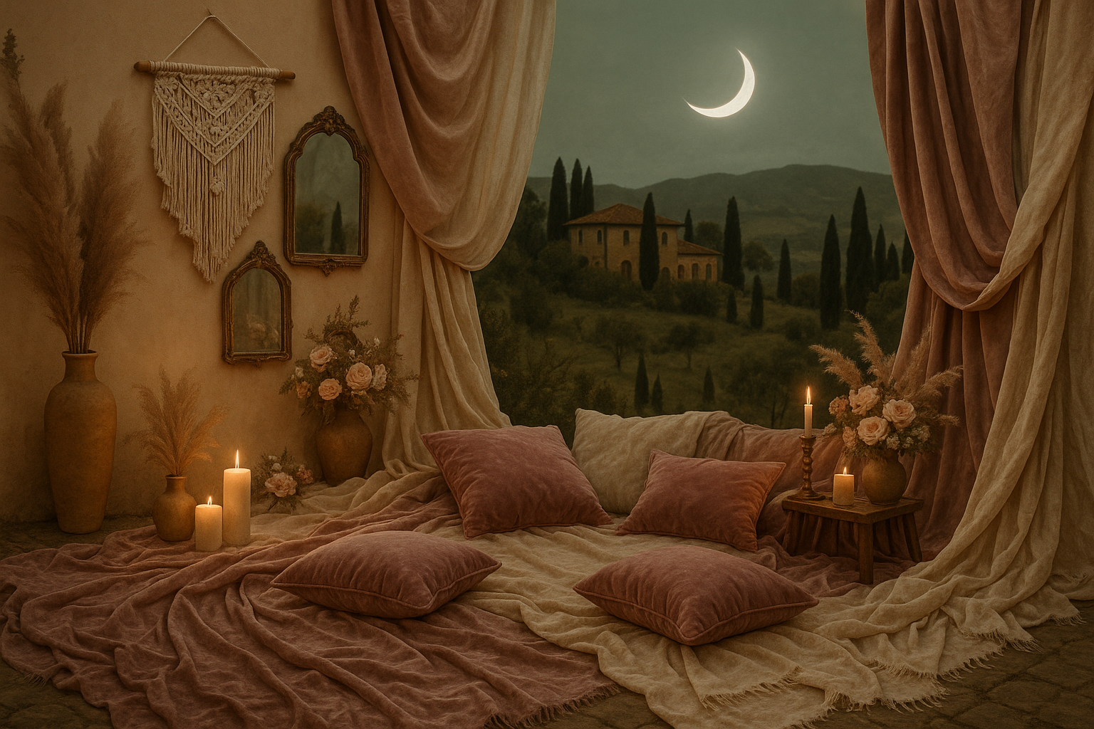 soft romantic italian boho style with a velvet moon theme. color scheme is mauve blush, muted sage, creamy beige