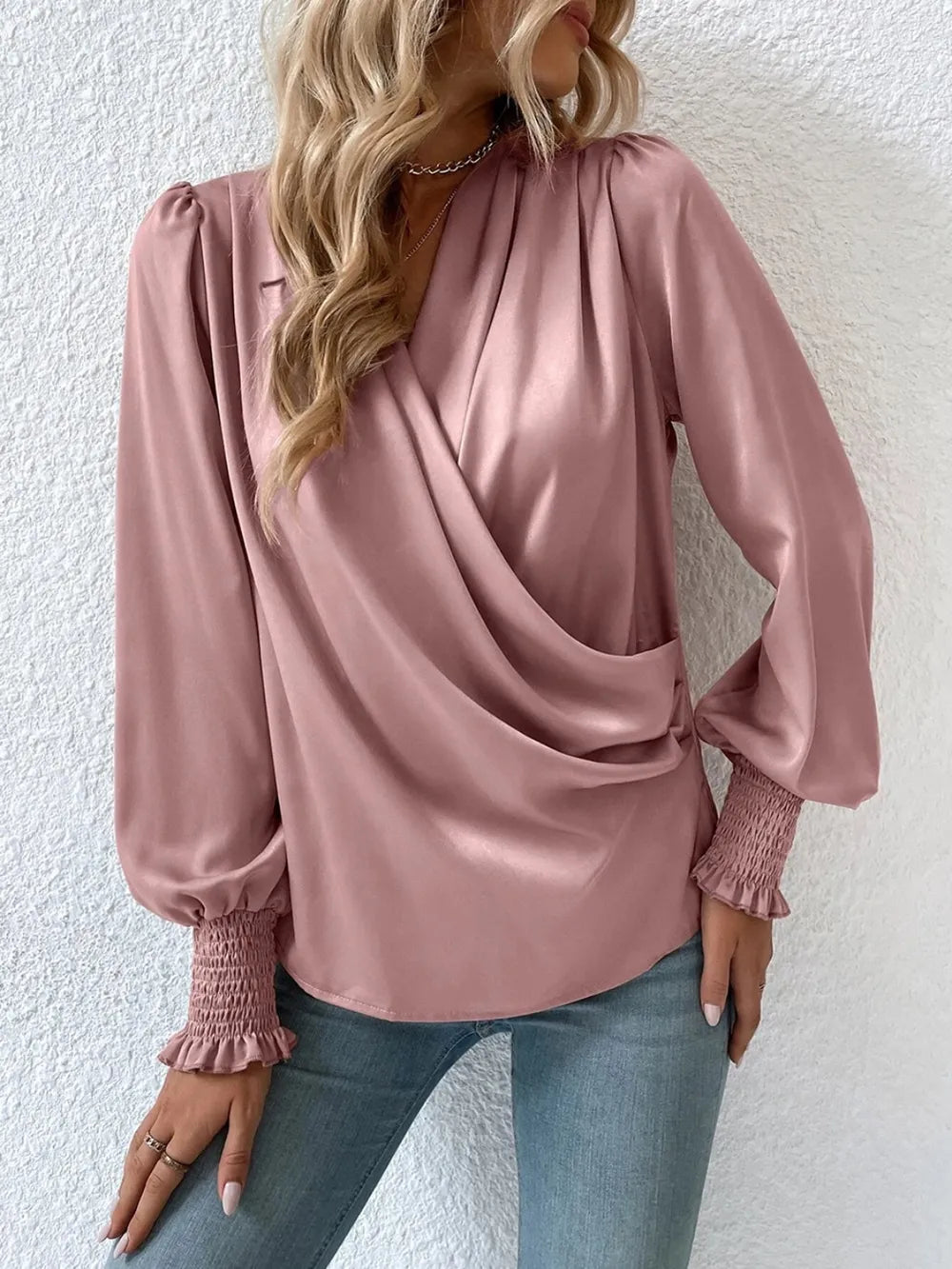 Surplice Smocked Lantern Sleeve Blouse - Luna Di Velluto