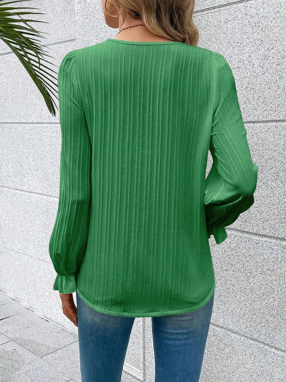 V-Neck Lace Detail Flounce Sleeve Blouse - Luna Di Velluto