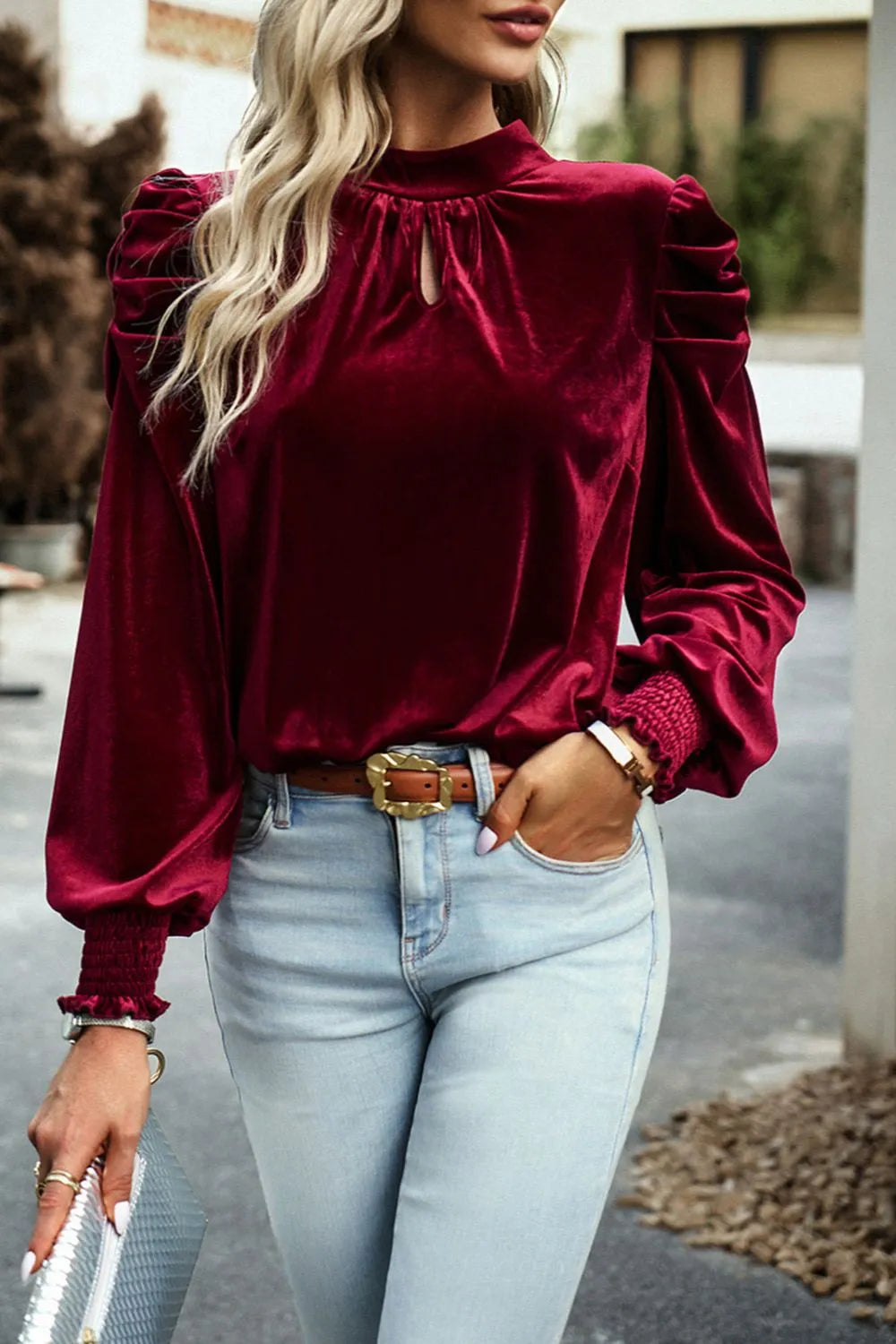 Tie Up Mock Neck Velvet Fabric Long Sleeve Blouse - Luna Di Velluto