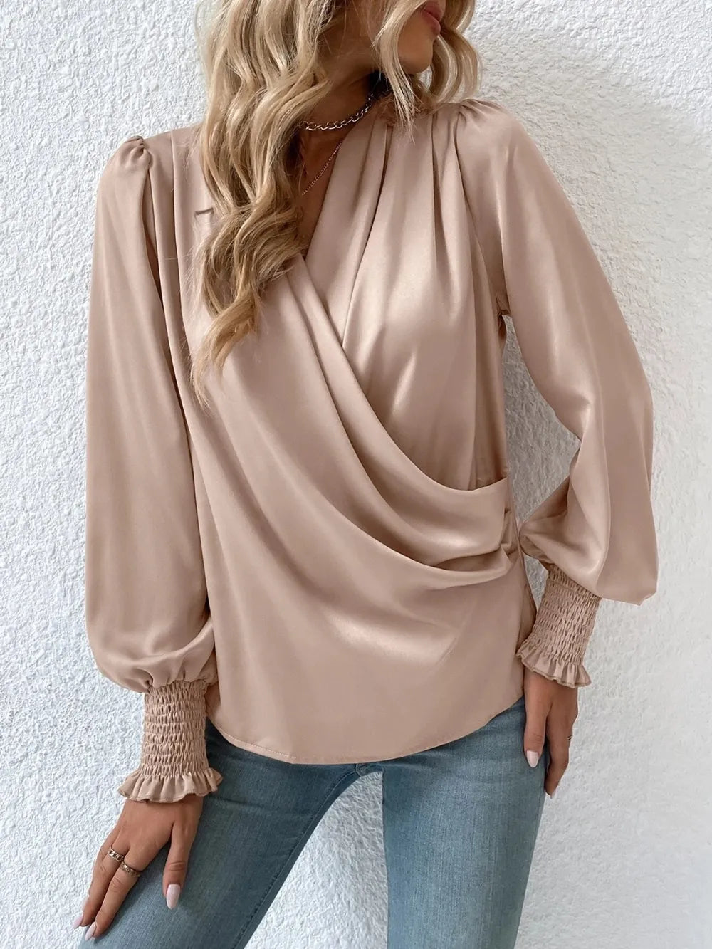 Surplice Smocked Lantern Sleeve Blouse - Luna Di Velluto
