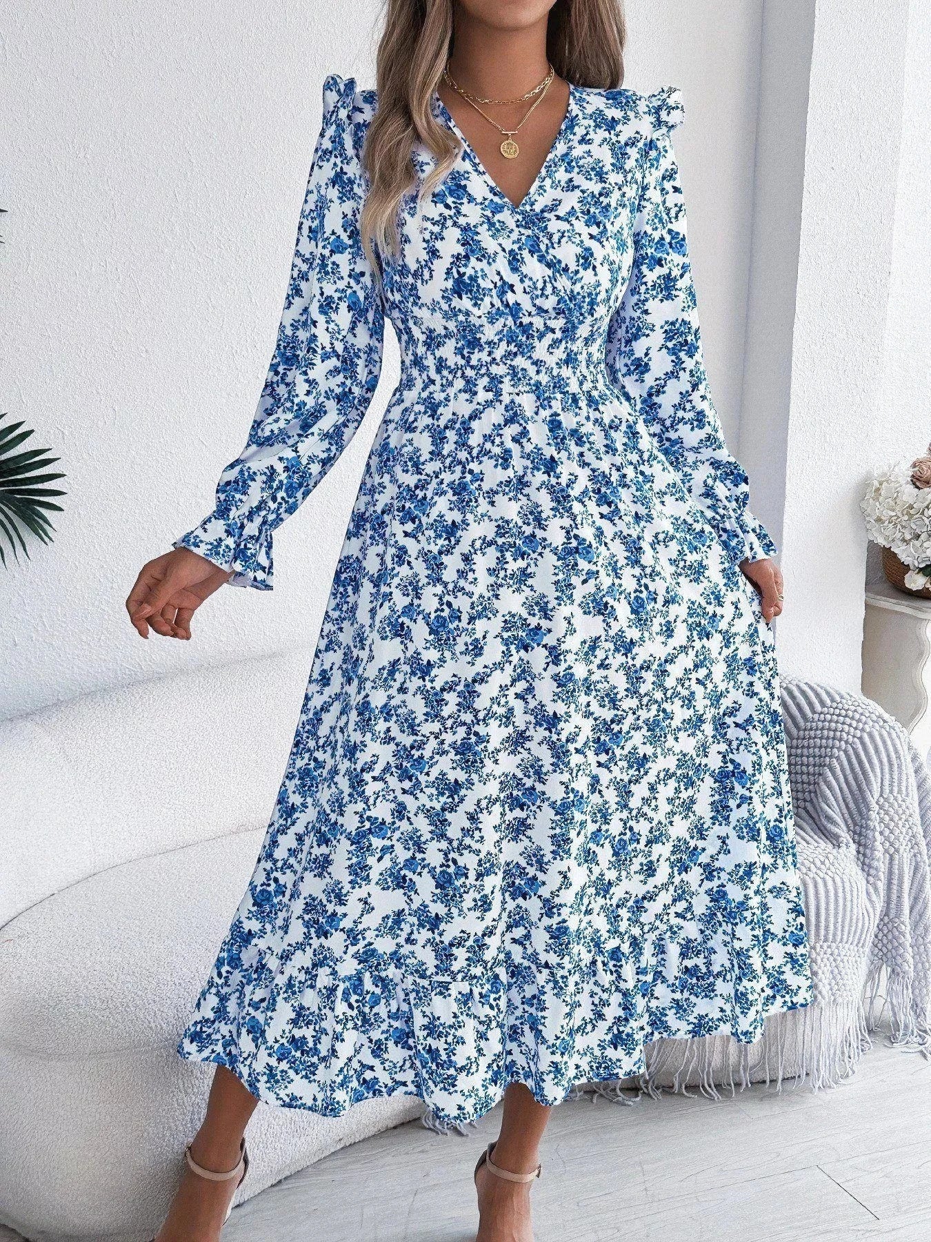 Ruffled Floral V-Neck Flounce Sleeve Dress - Luna Di Velluto