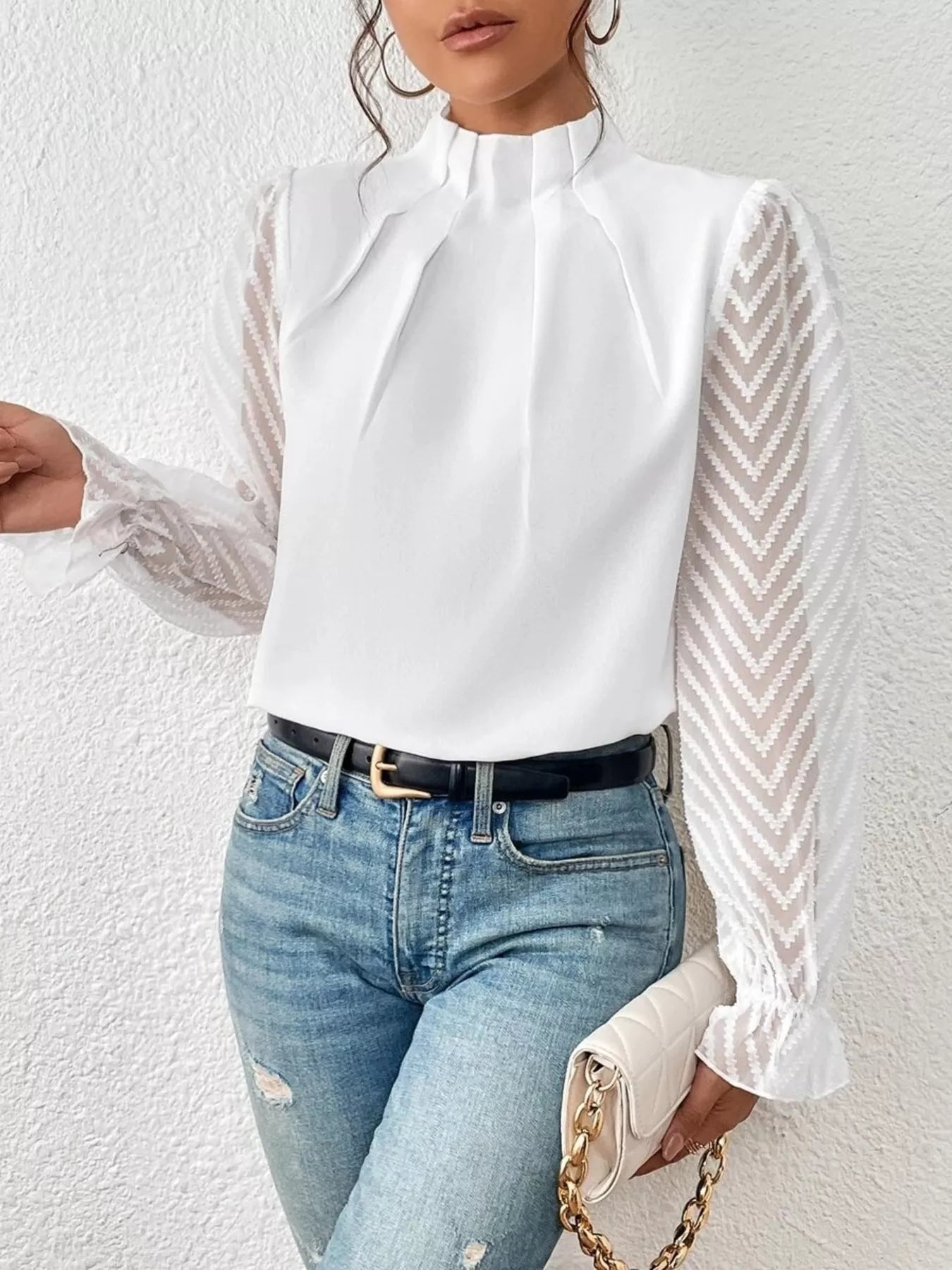 Mock Neck Sheer Lace Sleeve Blouse - Luna Di Velluto
