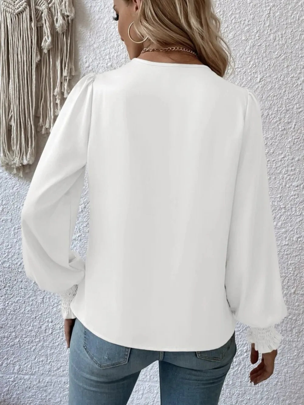 Surplice Smocked Lantern Sleeve Blouse - Luna Di Velluto