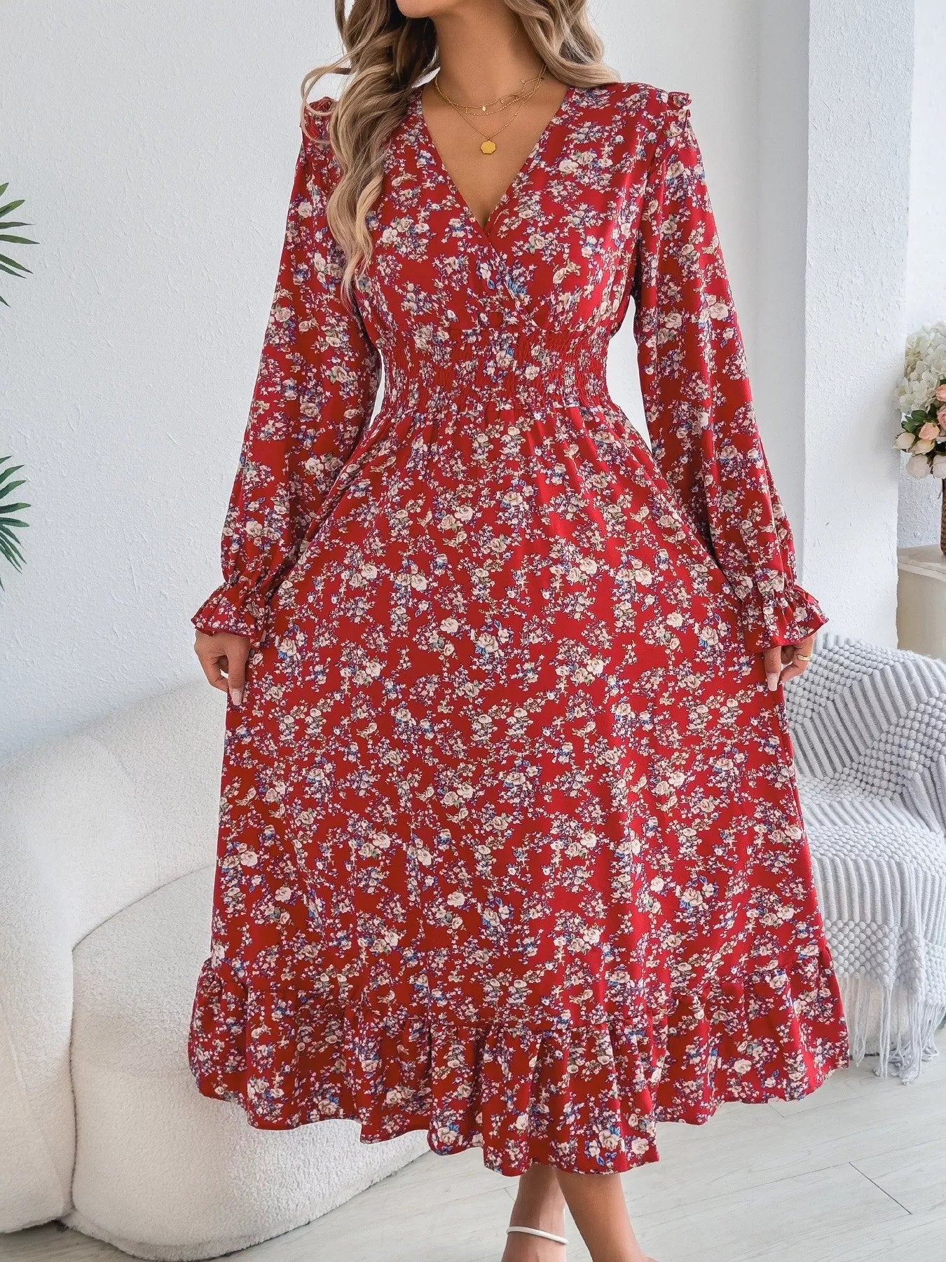 Ruffled Floral V-Neck Flounce Sleeve Dress - Luna Di Velluto