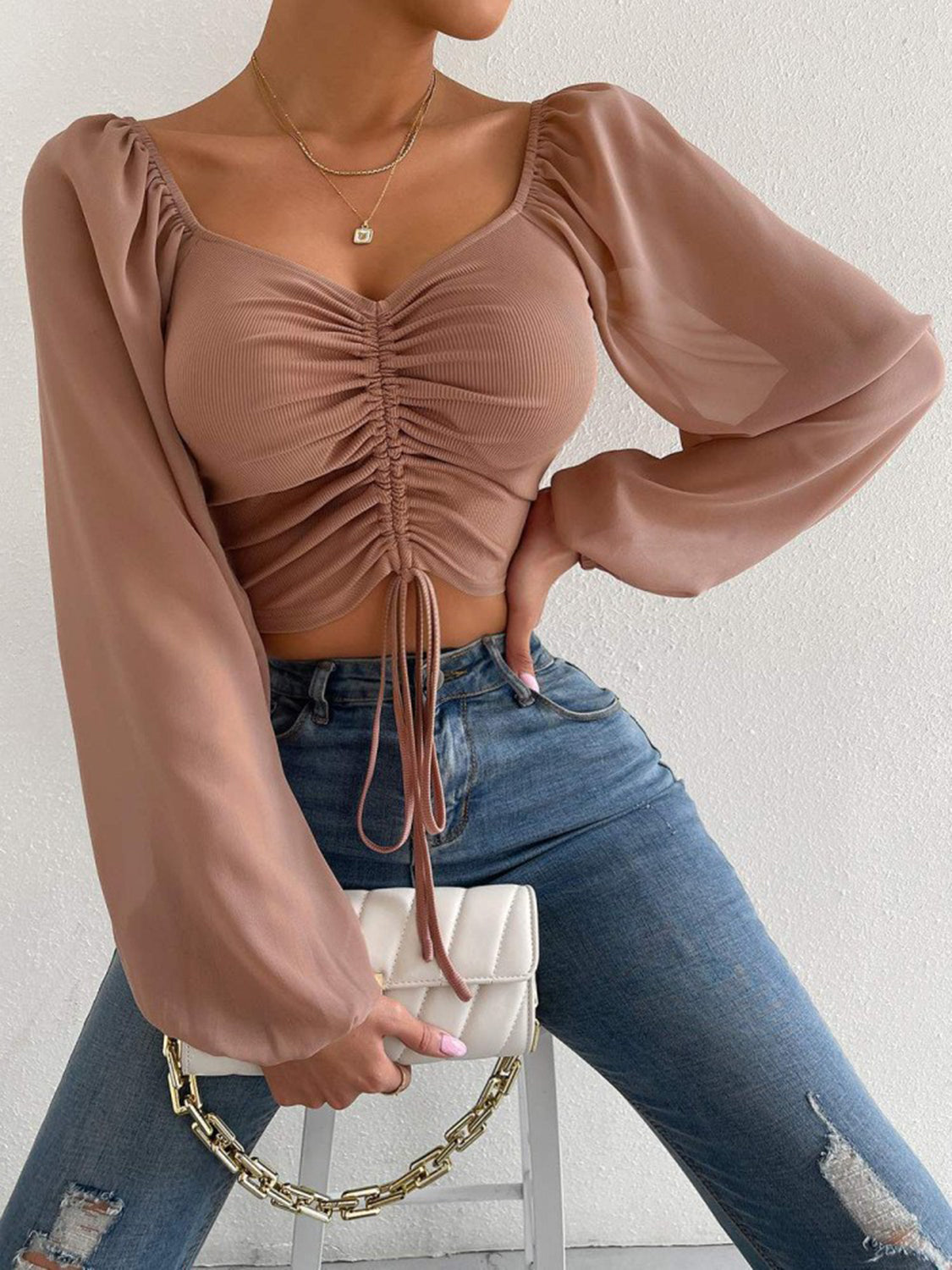 Drawstring Sweetheart Neck Cropped Top - Luna Di Velluto