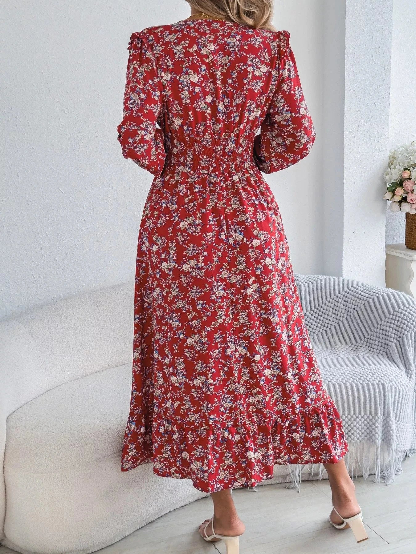 Ruffled Floral V-Neck Flounce Sleeve Dress - Luna Di Velluto