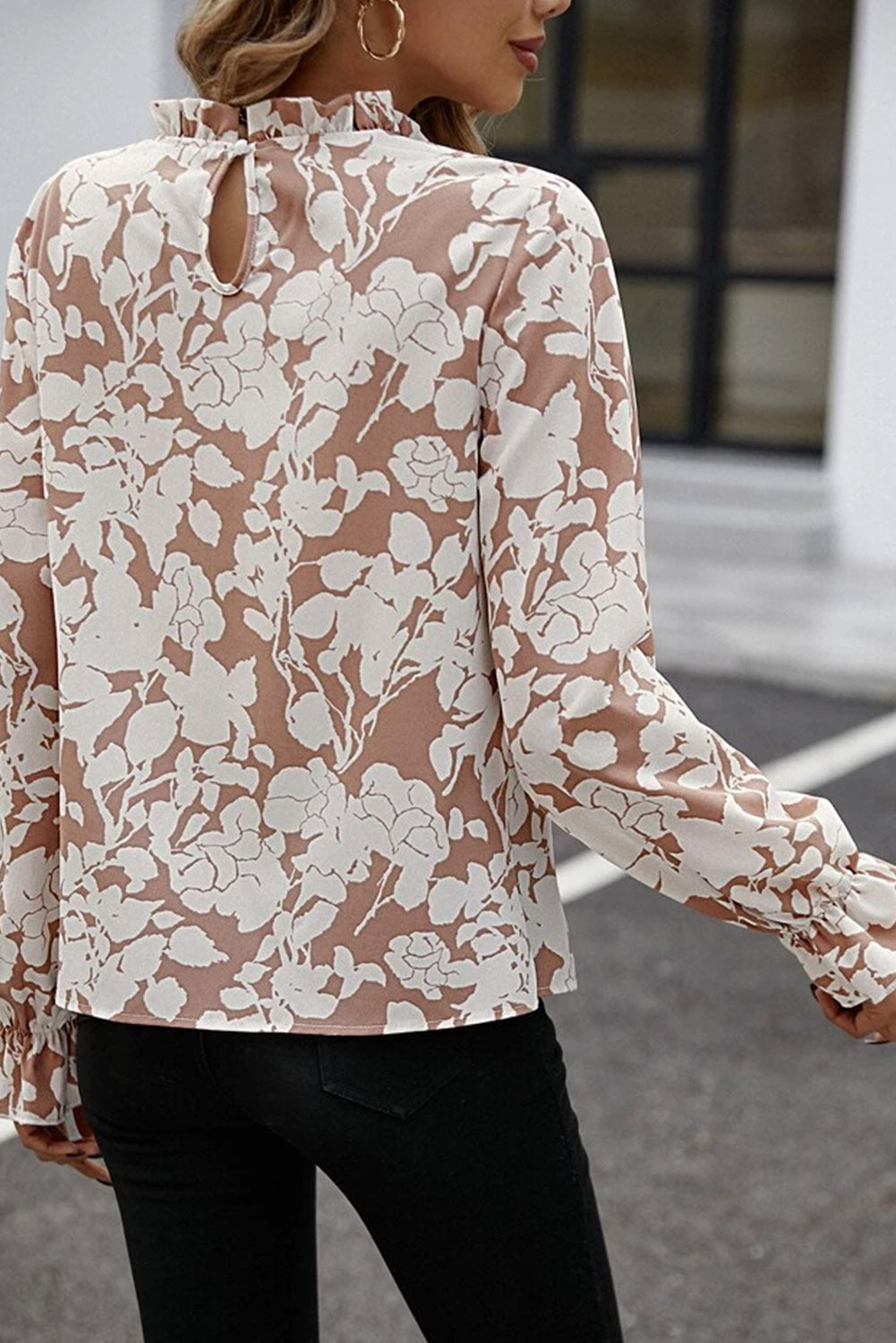 Floral Print Mock Neck Flounce Sleeve Blouse - Luna Di Velluto