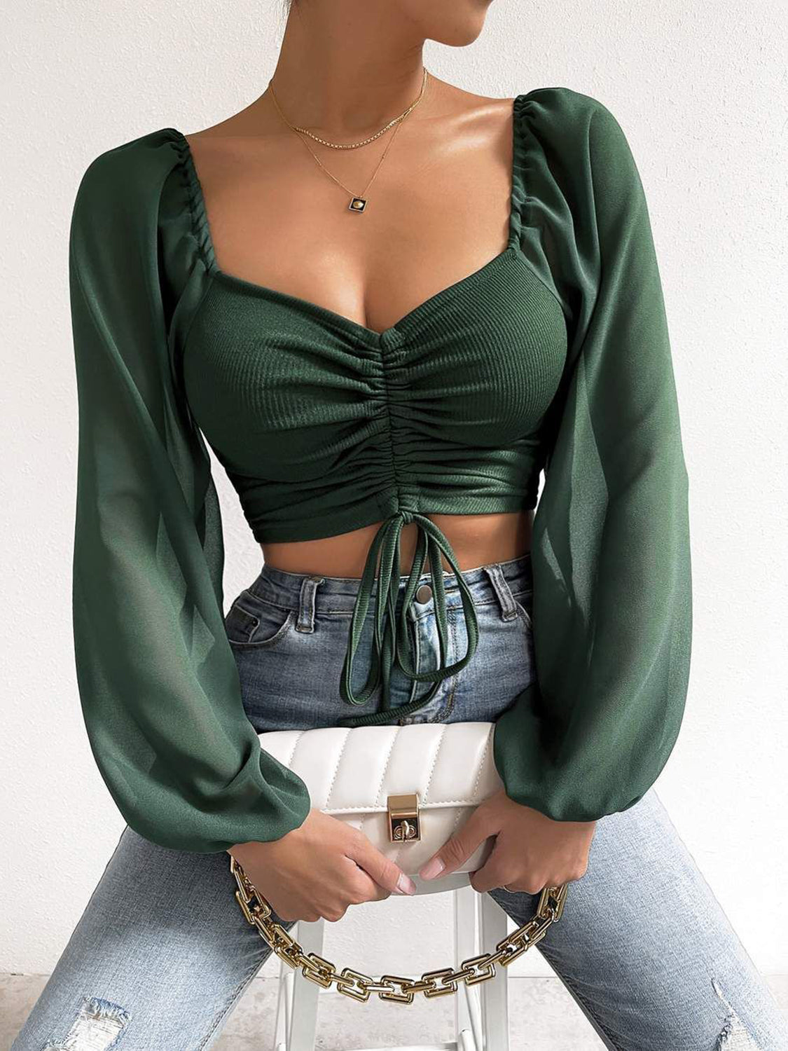 Drawstring Sweetheart Neck Cropped Top - Luna Di Velluto