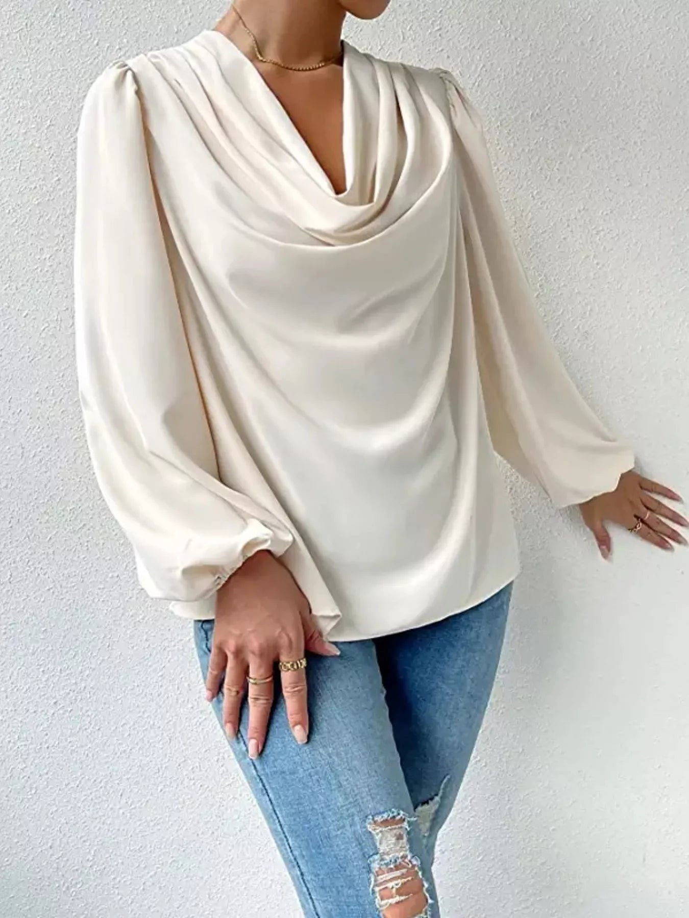 Full Size Cowl Neck Balloon Sleeve Blouse Plus Size - Luna Di Velluto