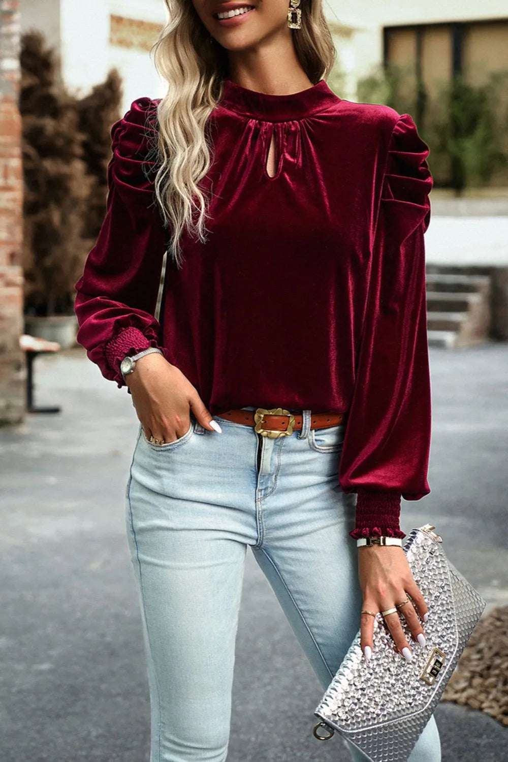 Tie Up Mock Neck Velvet Fabric Long Sleeve Blouse - Luna Di Velluto