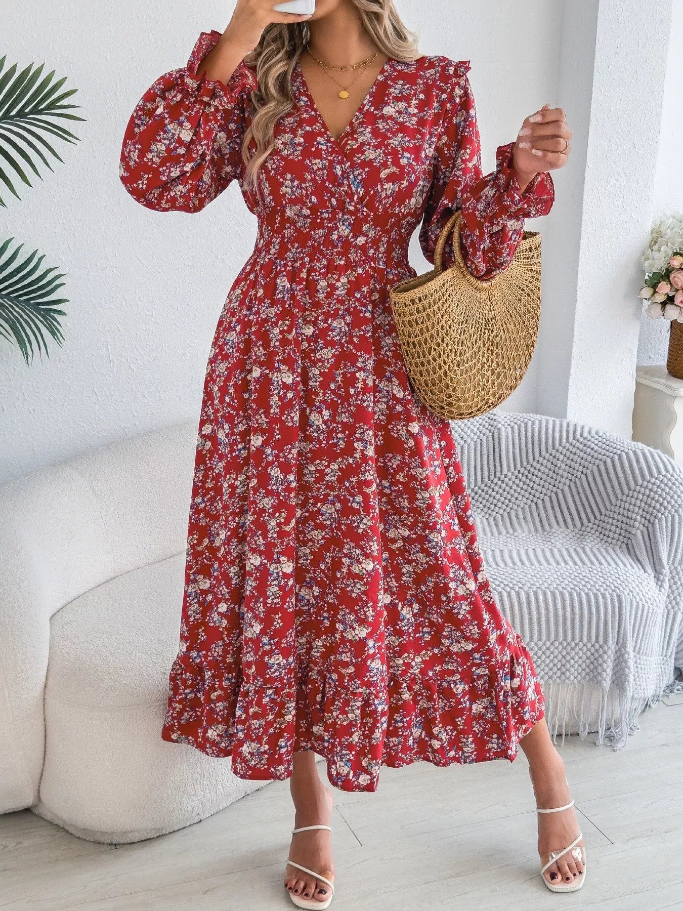 Ruffled Floral V-Neck Flounce Sleeve Dress - Luna Di Velluto