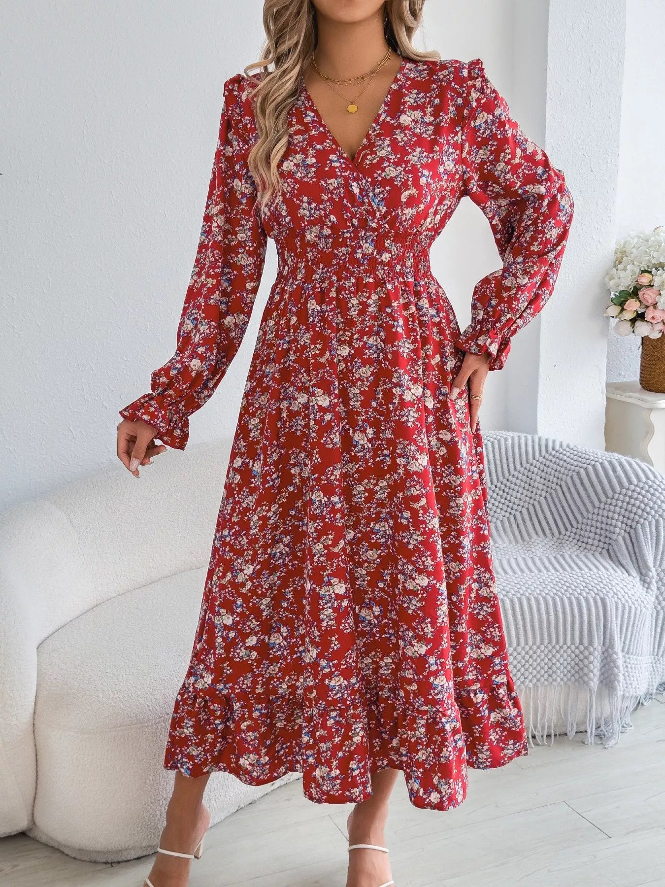 Ruffled Floral V-Neck Flounce Sleeve Dress - Luna Di Velluto