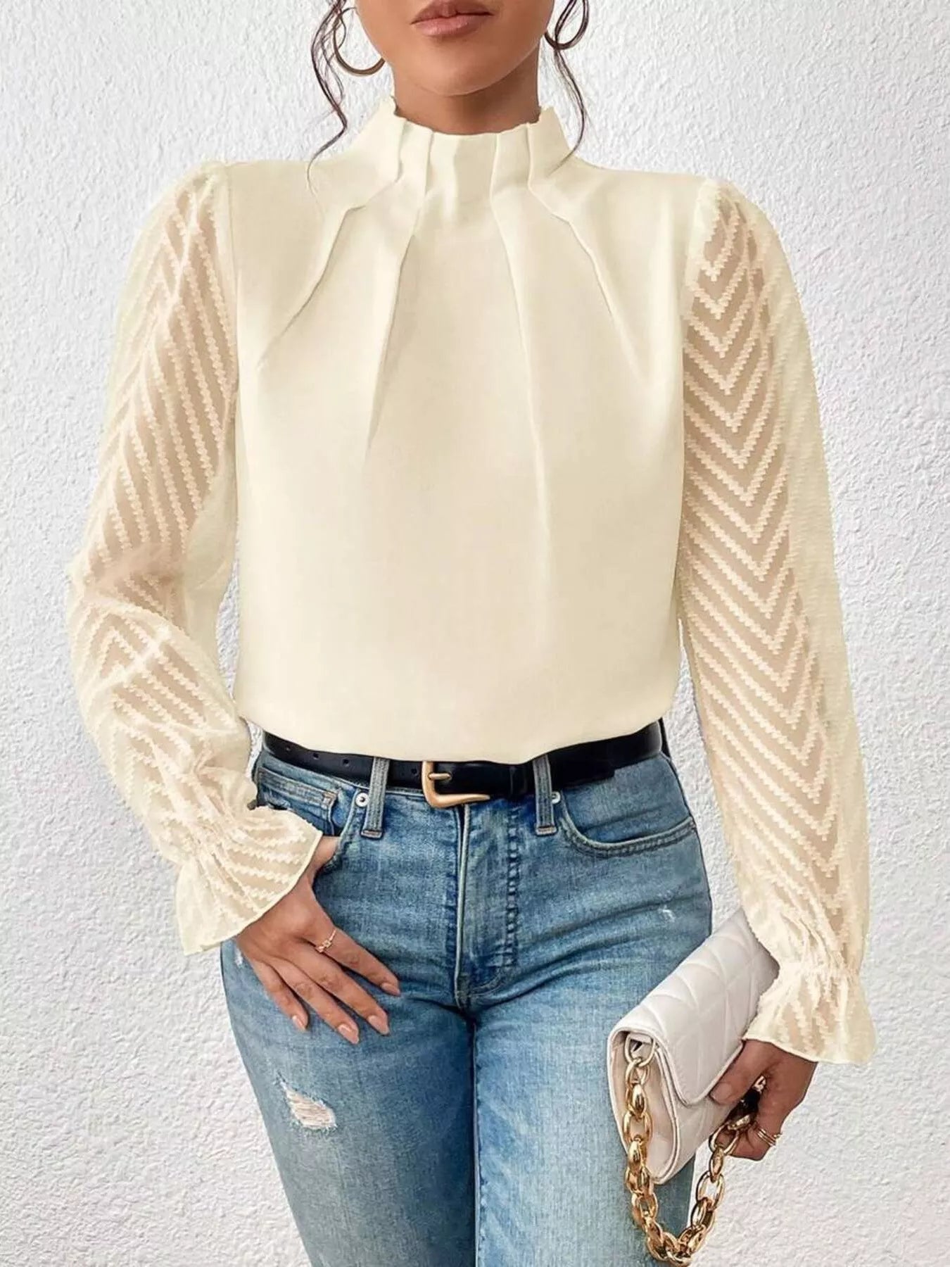 Mock Neck Sheer Lace Sleeve Blouse - Luna Di Velluto