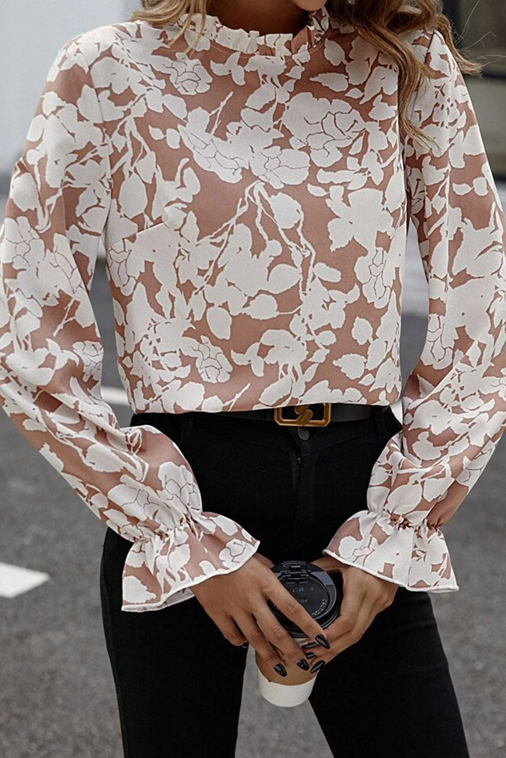 Floral Print Mock Neck Flounce Sleeve Blouse - Luna Di Velluto