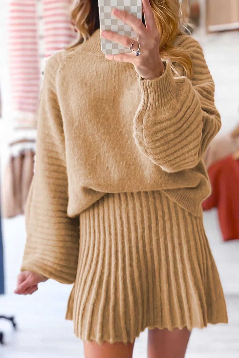 Ribbed Knit Long Sleeve Top and Skirt Sweater Set - Luna Di Velluto