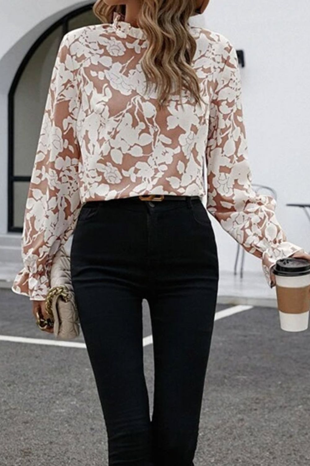 Floral Print Mock Neck Flounce Sleeve Blouse - Luna Di Velluto