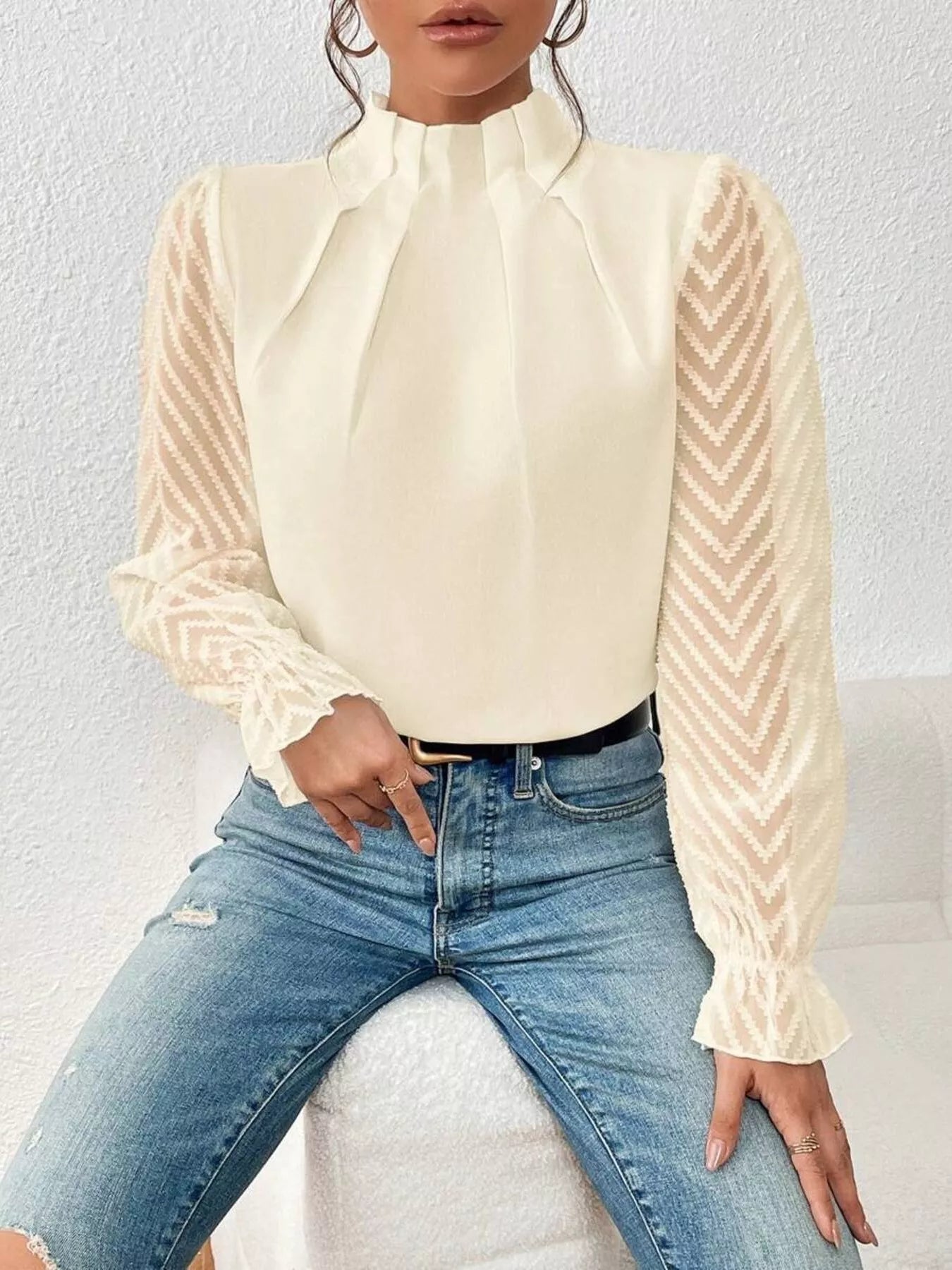 Mock Neck Sheer Lace Sleeve Blouse - Luna Di Velluto