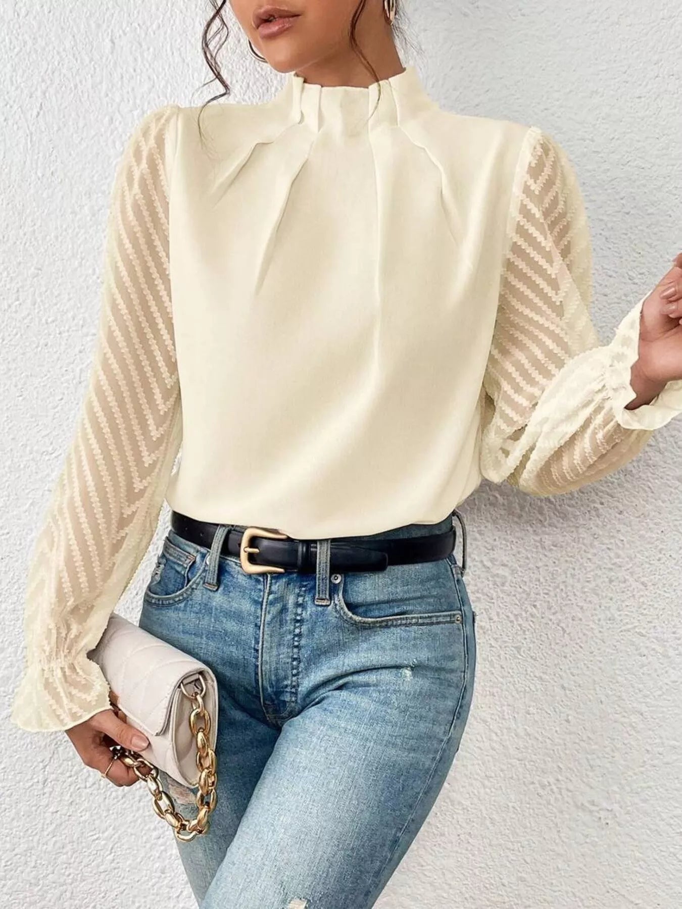 Mock Neck Sheer Lace Sleeve Blouse - Luna Di Velluto