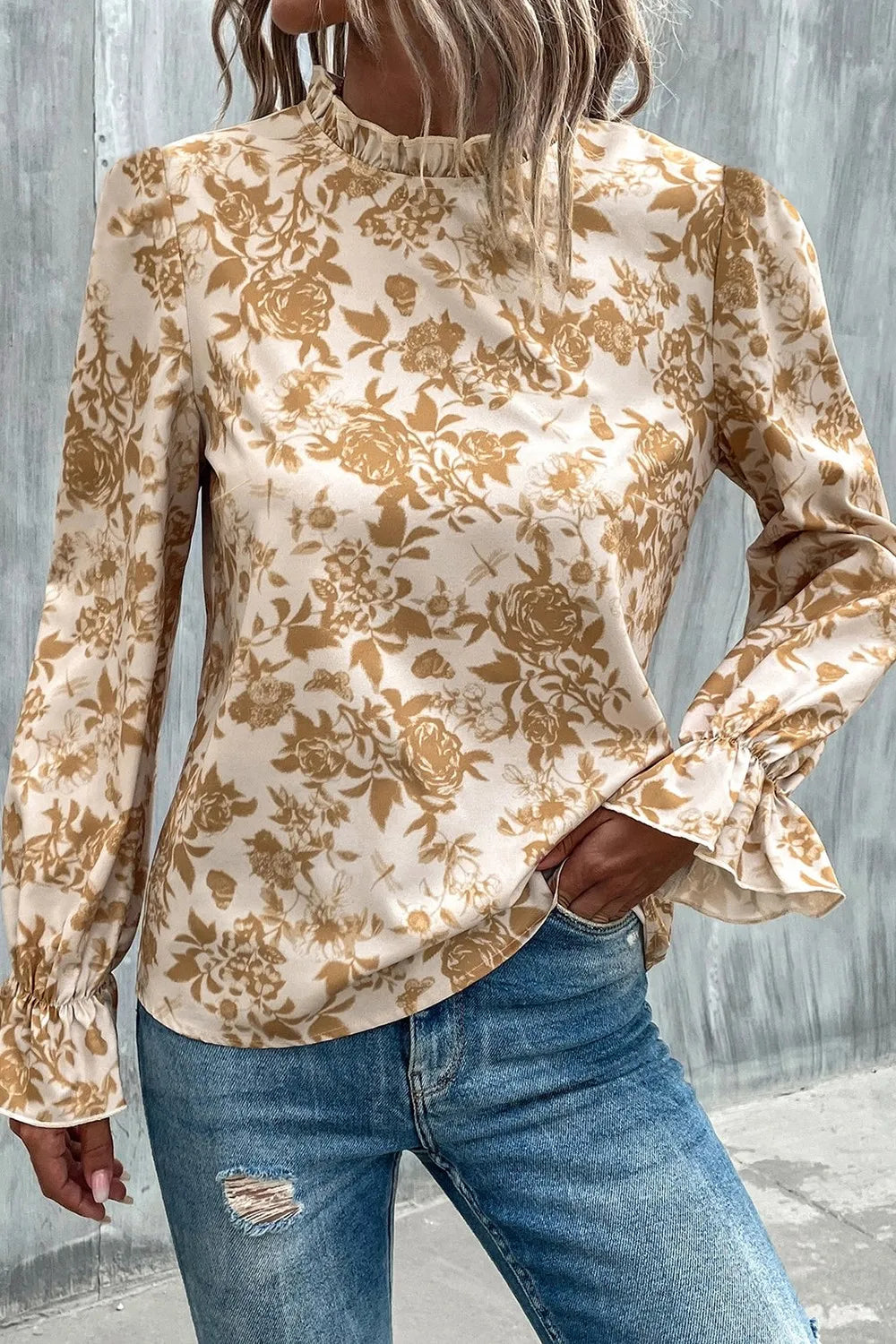Floral Print Mock Neck Flounce Sleeve Blouse - Luna Di Velluto