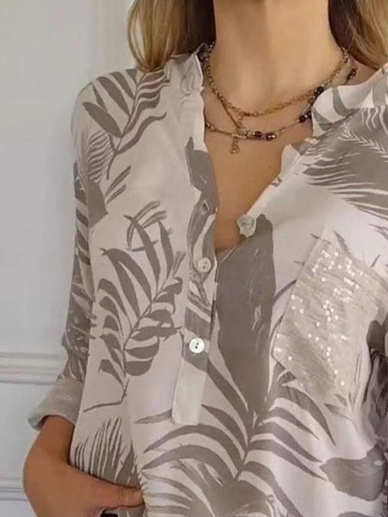 Full Size Printed Button Detail Long Sleeve Blouse Plus Size - Luna Di Velluto