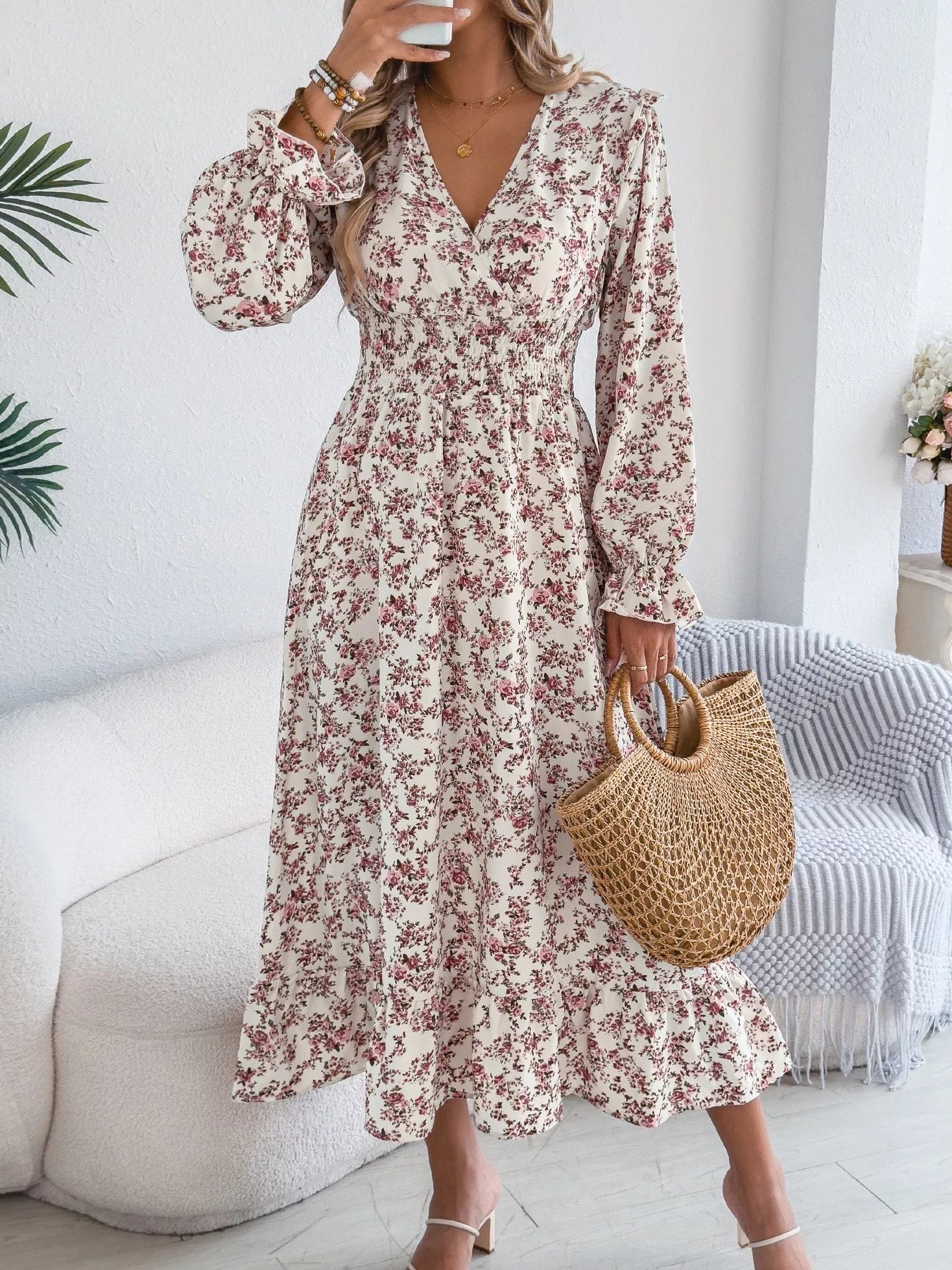 Ruffled Floral V-Neck Flounce Sleeve Dress - Luna Di Velluto