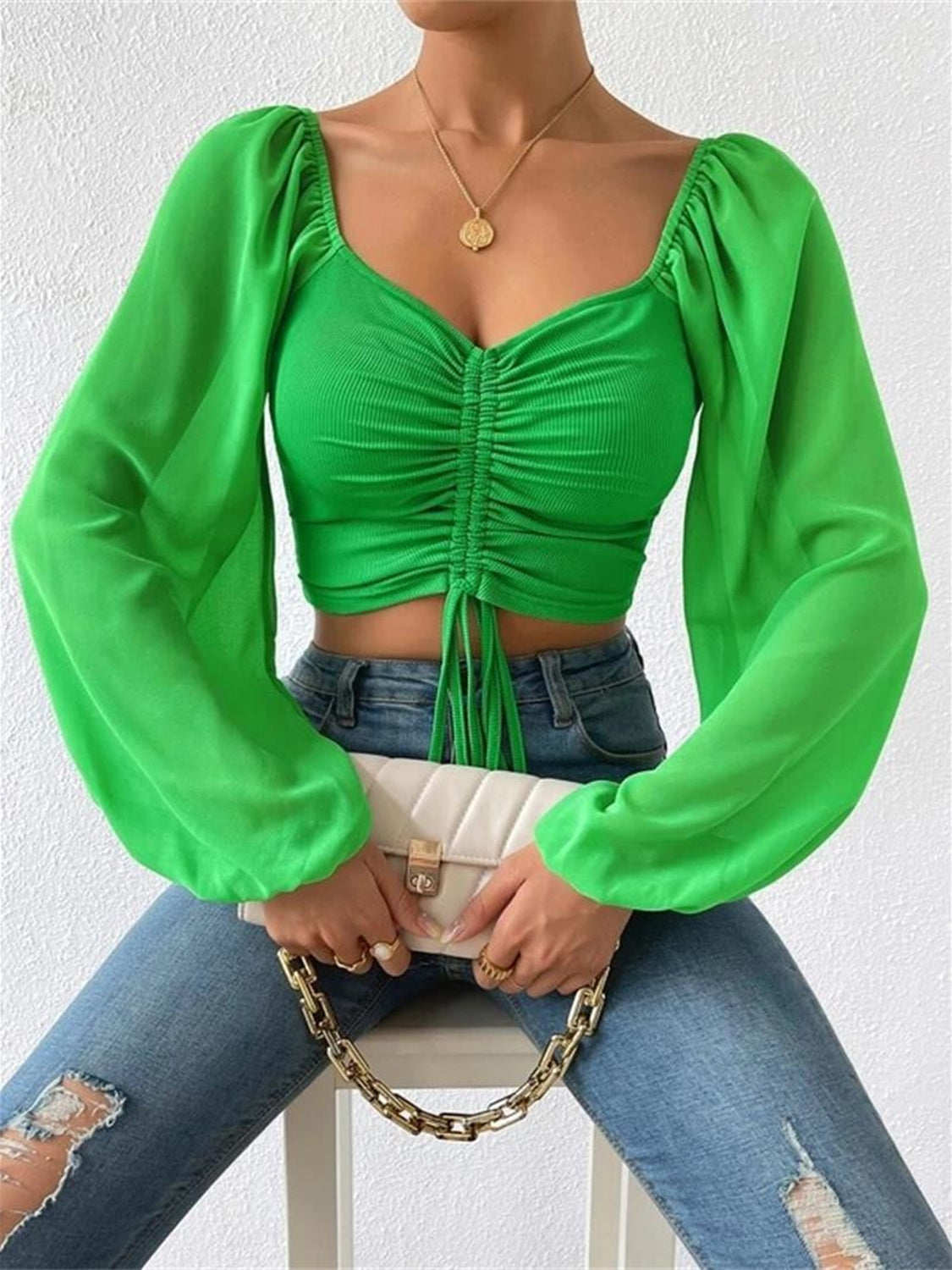 Drawstring Sweetheart Neck Cropped Top - Luna Di Velluto