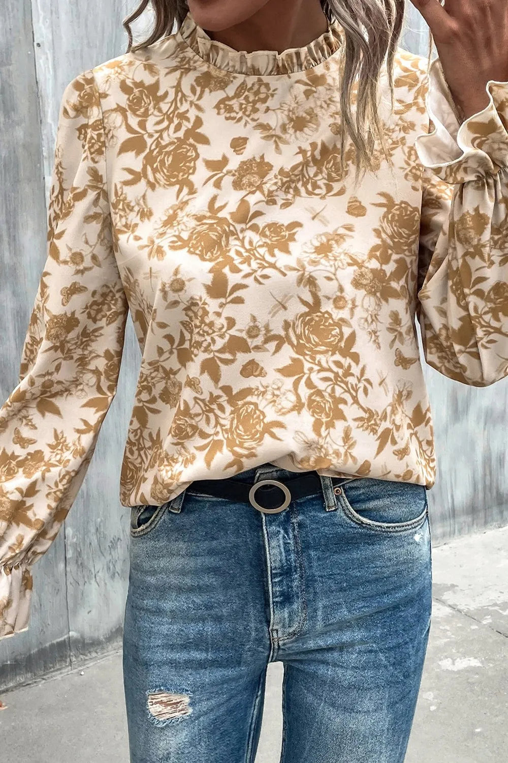 Floral Print Mock Neck Flounce Sleeve Blouse - Luna Di Velluto