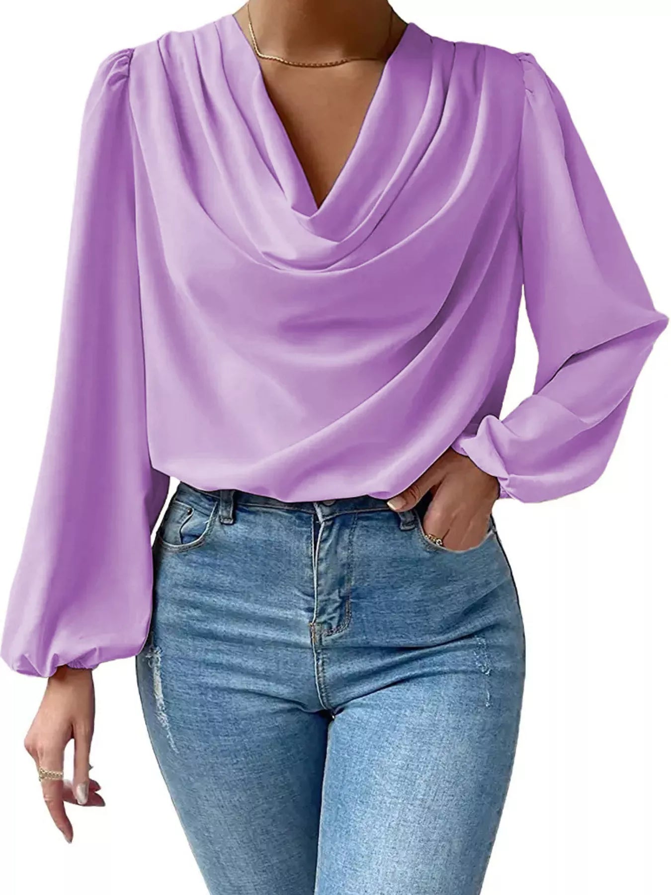 Full Size Cowl Neck Balloon Sleeve Blouse Plus Size - Luna Di Velluto