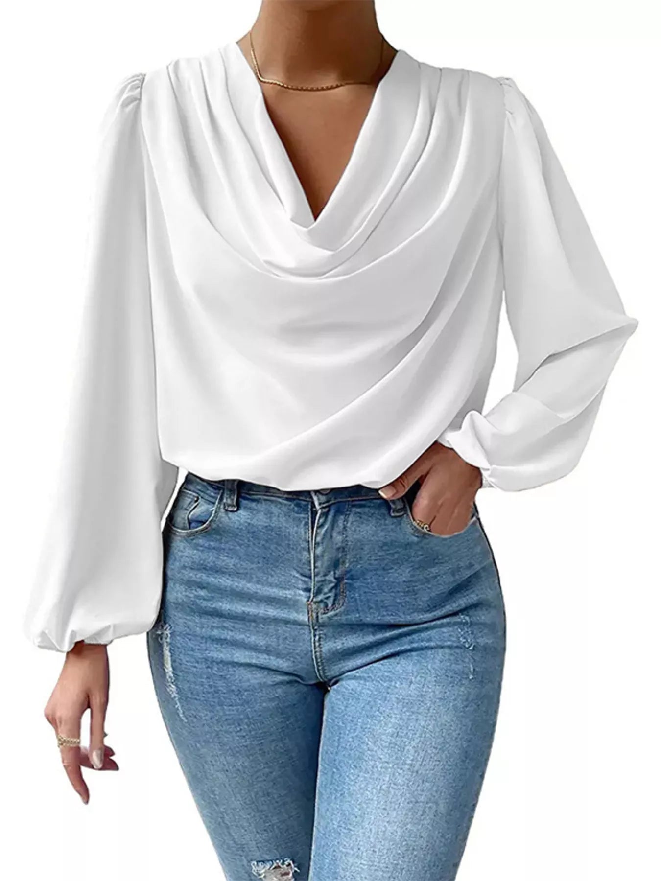 Full Size Cowl Neck Balloon Sleeve Blouse Plus Size - Luna Di Velluto