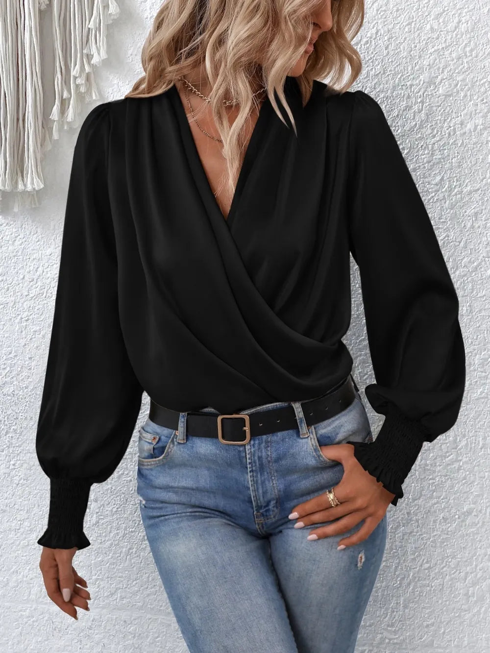 Surplice Smocked Lantern Sleeve Blouse - Luna Di Velluto