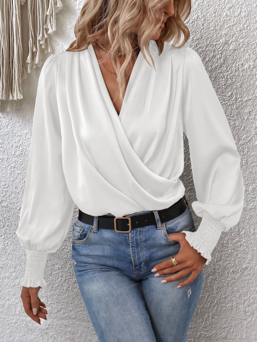Surplice Smocked Lantern Sleeve Blouse - Luna Di Velluto
