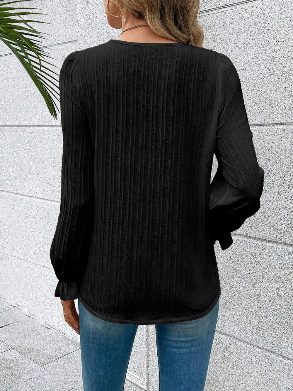 V-Neck Lace Detail Flounce Sleeve Blouse - Luna Di Velluto