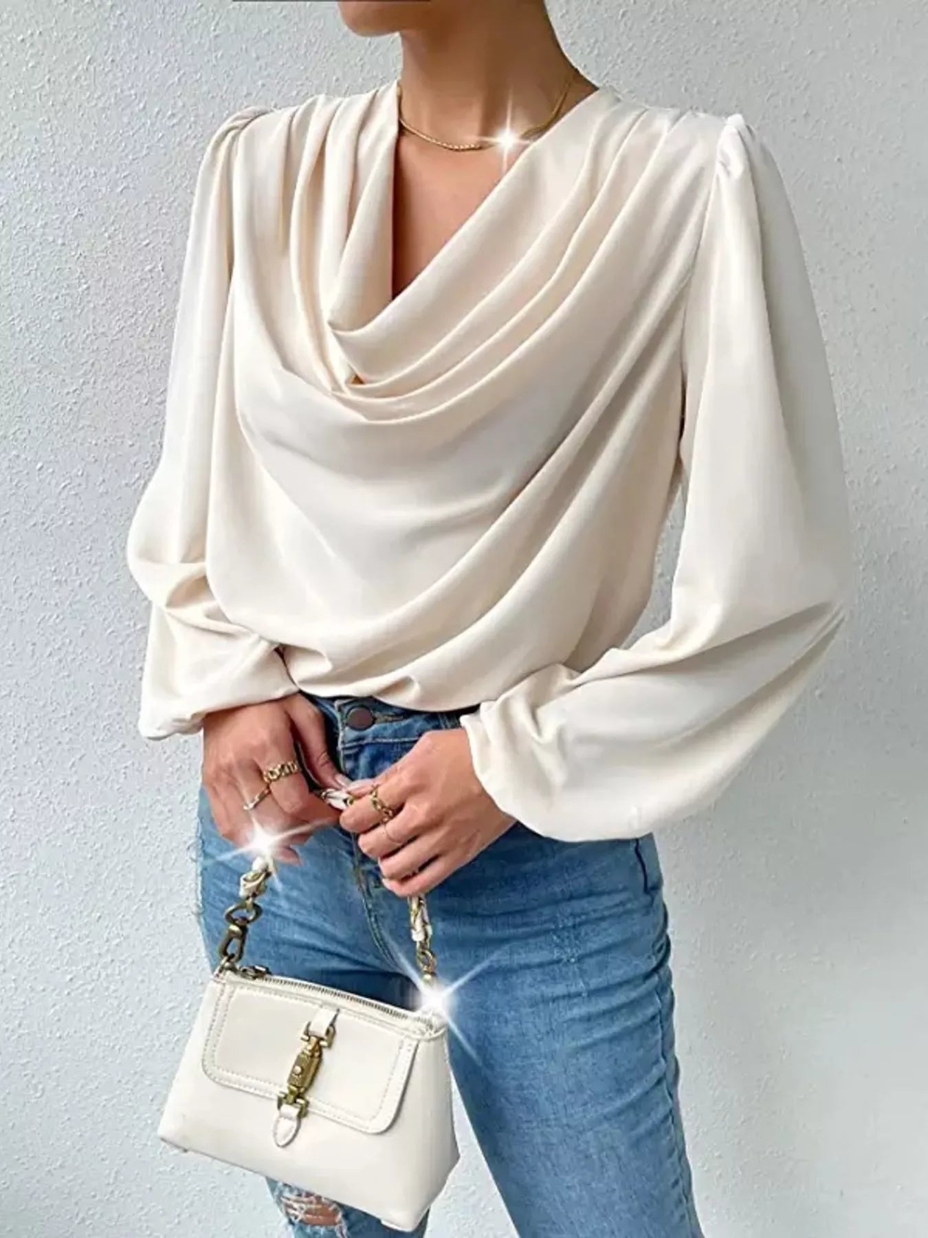 Full Size Cowl Neck Balloon Sleeve Blouse Plus Size - Luna Di Velluto