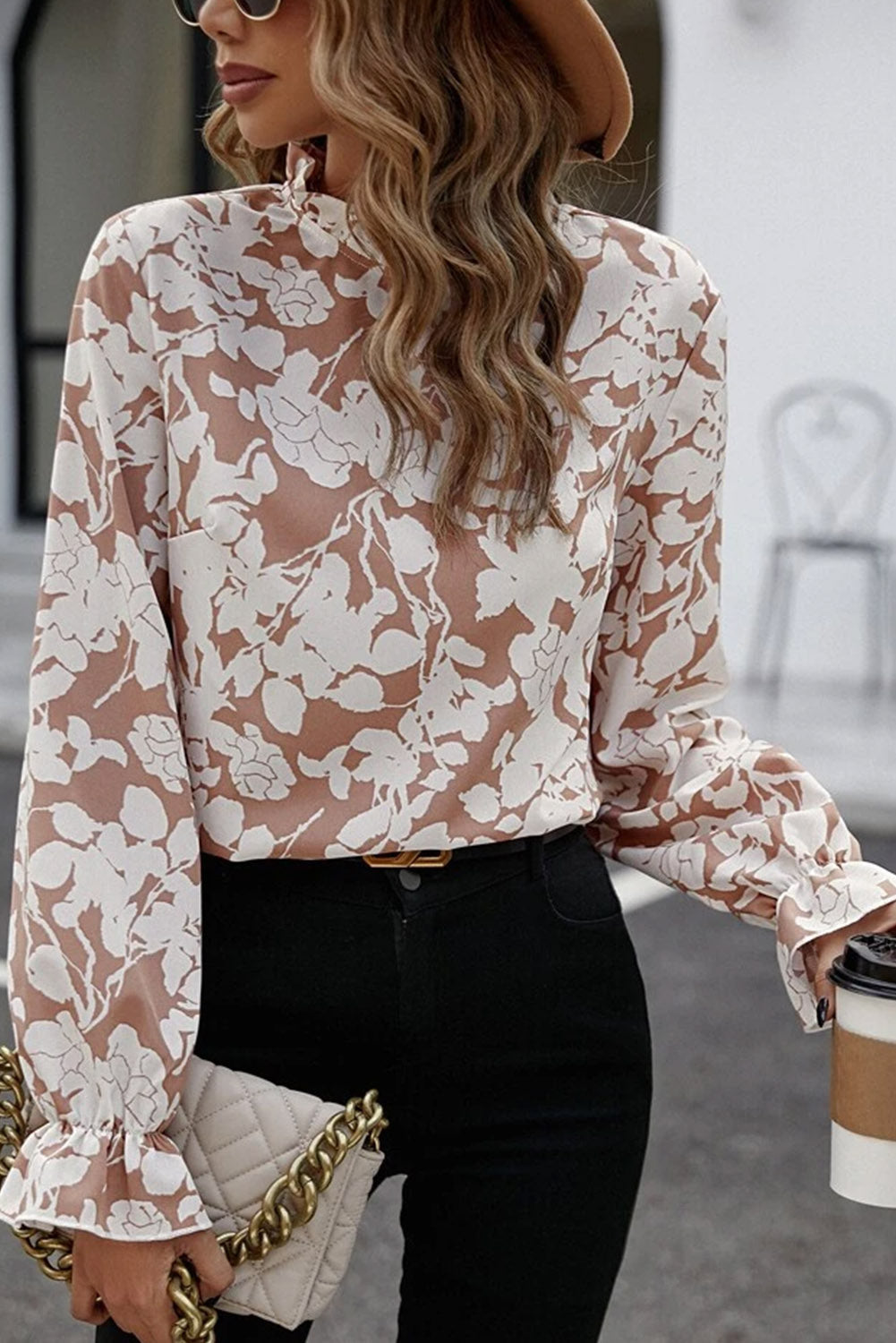 Floral Print Mock Neck Flounce Sleeve Blouse - Luna Di Velluto
