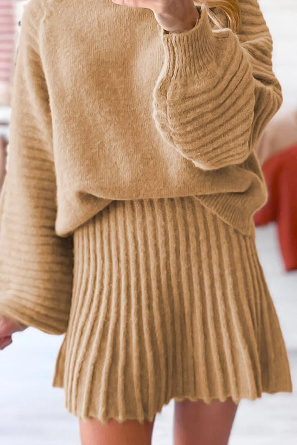 Ribbed Knit Long Sleeve Top and Skirt Sweater Set - Luna Di Velluto