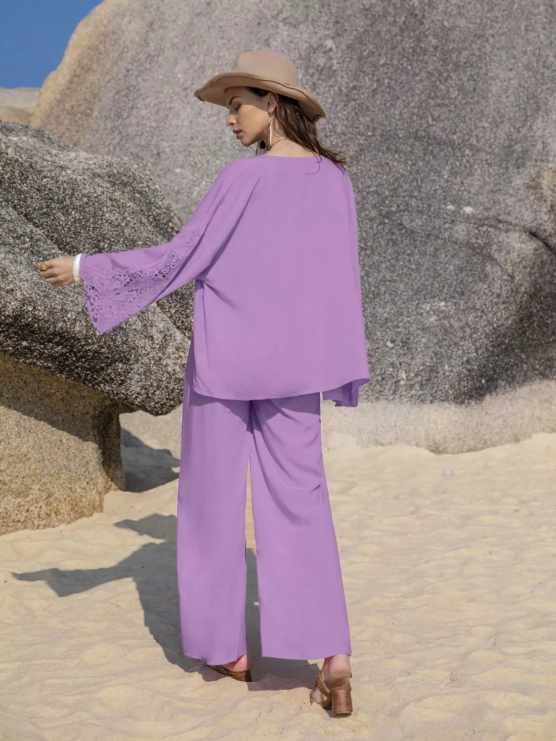 Lace Detail Open Front Cover Up and Pants Set - Luna Di Velluto