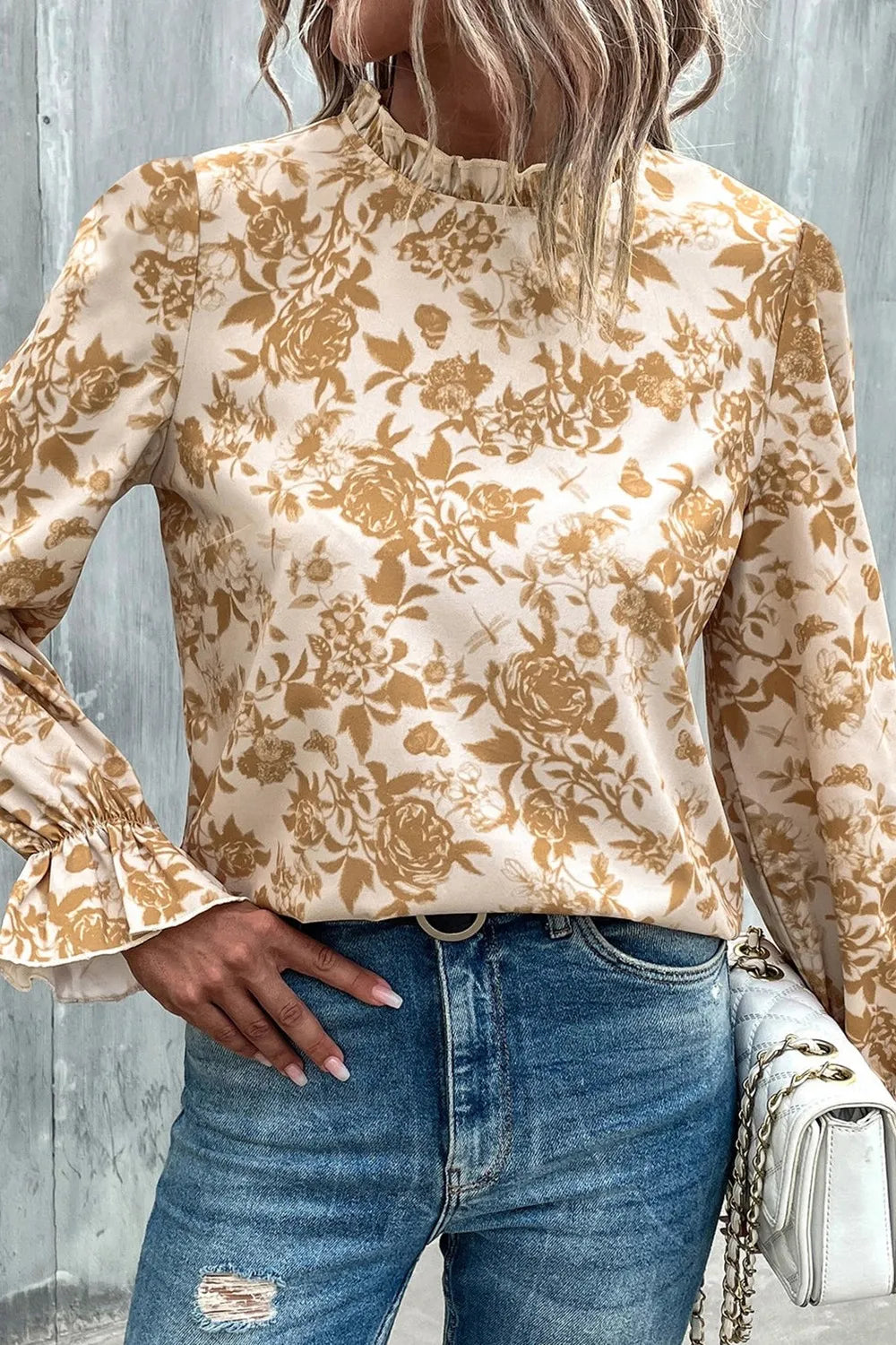 Floral Print Mock Neck Flounce Sleeve Blouse - Luna Di Velluto