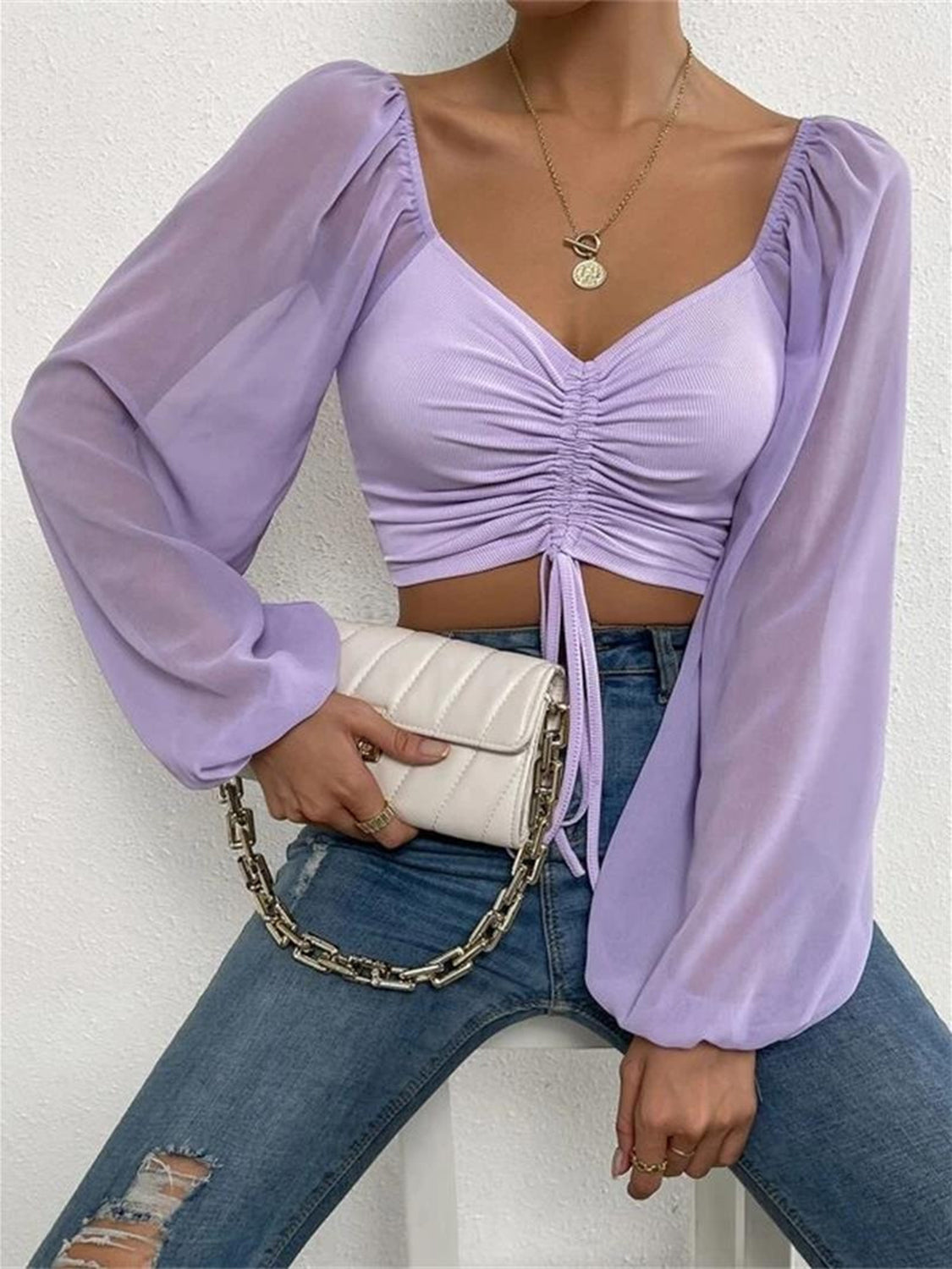 Drawstring Sweetheart Neck Cropped Top - Luna Di Velluto