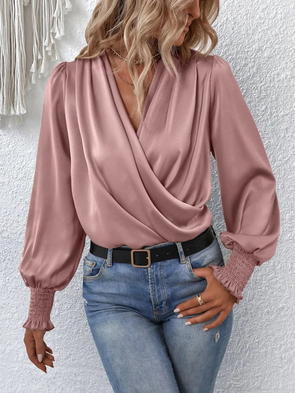 Surplice Smocked Lantern Sleeve Blouse - Luna Di Velluto