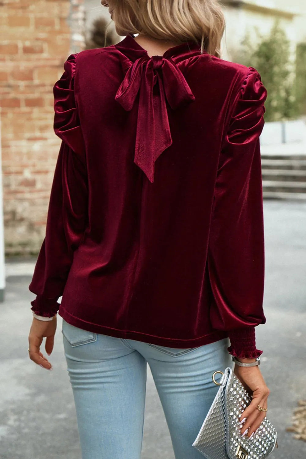 Tie Up Mock Neck Velvet Fabric Long Sleeve Blouse - Luna Di Velluto