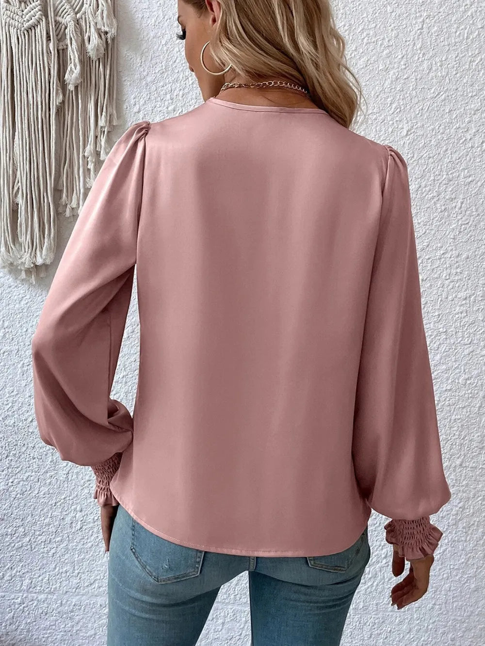 Surplice Smocked Lantern Sleeve Blouse - Luna Di Velluto